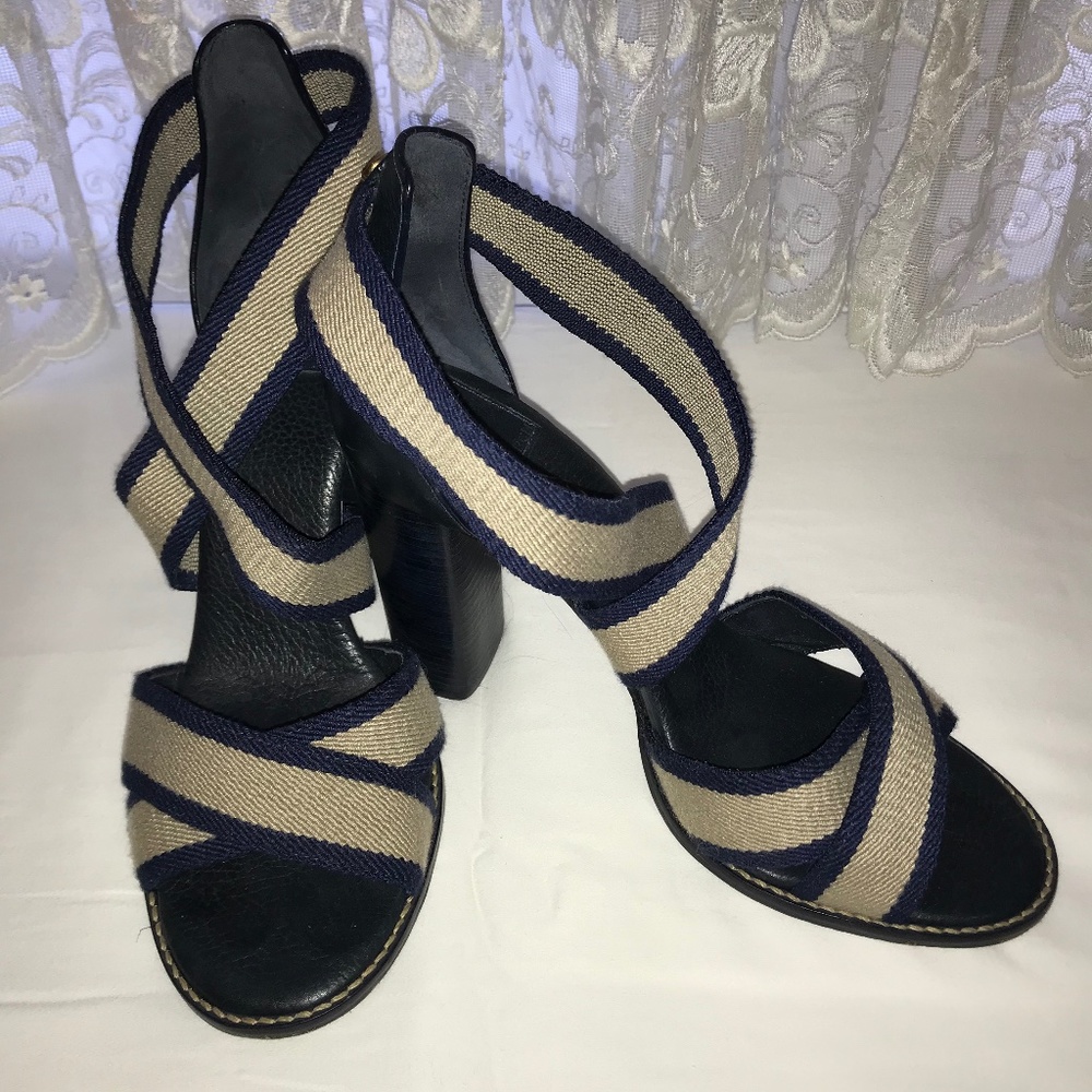 Laurie Navy Tan Strappy Stretch Heel Sandal